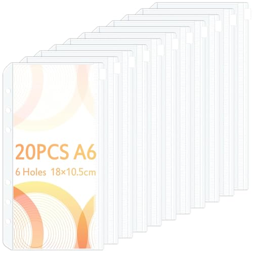 20 Stück A6 Binder Taschen, Caianwin PVC 6-Loch Reißverschluss Ordner,Wasserdicht Kunststoff Bindertaschen, Transparent Geld Budget Umschläge, Budget Planer Zubehör für Binder A6 von Caianwin