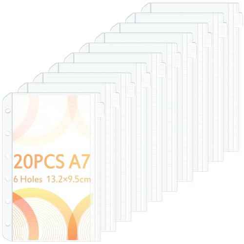 A7 Binder Taschen 20 Stück, Caianwin PVC 6 Löcher Reißverschluss Ordner, Wasserdicht Kunststoff Bindertaschen, Transparent Geld Budget Umschläge, Budget Planer Zubehör für Binder A7 von Caianwin