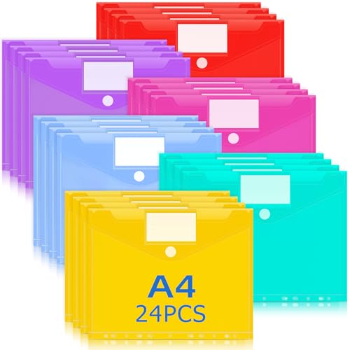 Caianwin Dokumententasche A4 24 Stück Dokumentenmappe A4 zum Abheften 6 Farben Lochrand Dokumententasche Abheftbar mit Etikettentasche, Wasserdicht Sammelmappen für Dokumente Organisieren von Caianwin
