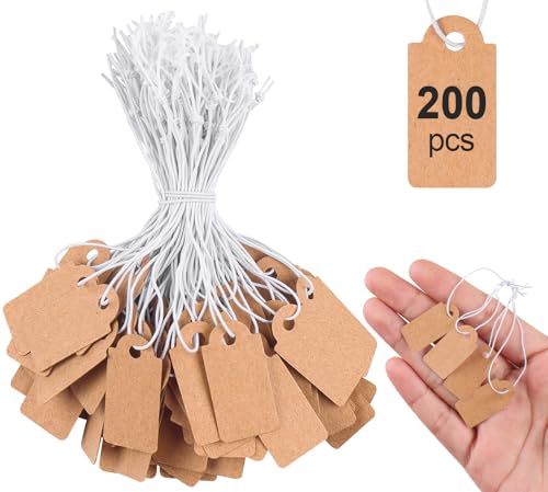 Caianwin 200 Stück Mini Preisschilder Anhänger mit Elastische Kordel, 26 x 13mm Etiketten Anhänger, Braun Kleinen Hängeetiketten für Schmuck Display von Caianwin