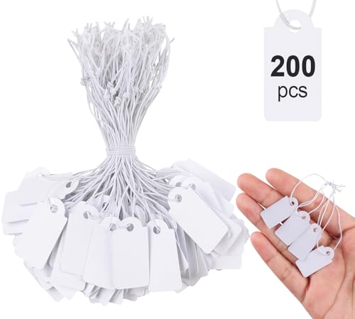 Caianwin 200 Stück Mini Preisschilder Anhänger mit Elastische Kordel, 26 x 13mm Etiketten Anhänger, Weiß Kleinen Hängeetiketten für Schmuck Display von Caianwin
