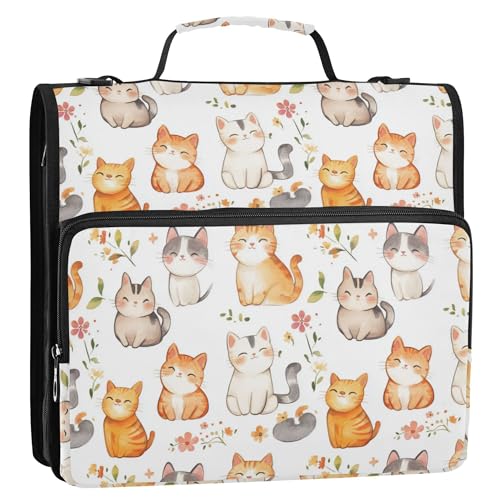 3,8 cm 3-Ringbuch mit Reißverschluss und Schultergurt und Griff, wasserdicht, Portfolio-Organizer für Mittelschüler, Cartoon, niedliche Katze, Weiß von Caihoyu