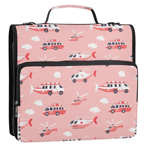 3,8 cm 3-Ringe, stabiler Reißverschluss, Ordner mit Griff und abnehmbarem Schultergurt, mehrere Taschen, Dokumentenmappe, Organizer für Schule, Krankenwagen, Auto und Hubschrauber, Rouge von Caihoyu