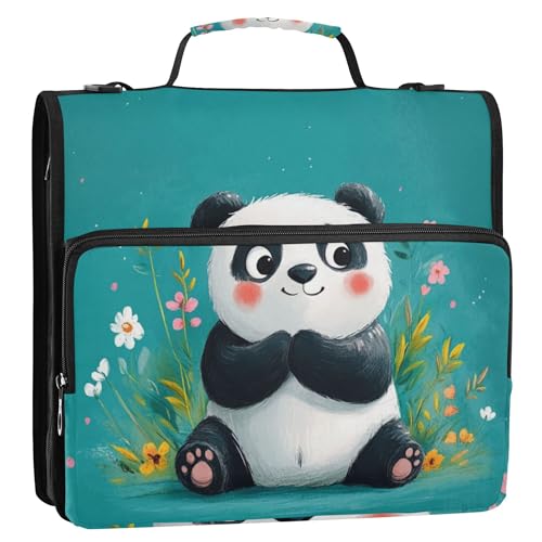 3,8 cm 3 Ringe Reißverschluss Ordner mit Griff, wasserdicht, Dokumentenmappe für Mittelschule, Cartoon, Panda, Türkis von Caihoyu