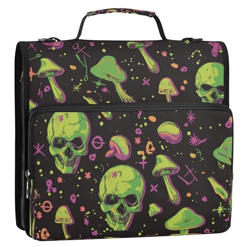 3,8 cm Ringbuch mit 3 Ringen, extra Taschen, mit Schultergurt und Griff, Dokumentenmappe mit mehreren Taschen, Organizer für Schule/Büro, neongrünes Totenkopf- und Pilzmuster von Caihoyu