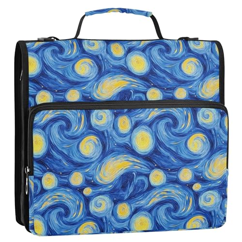 3,8 cm Ringbuch mit Reißverschluss mit Griff und abnehmbarem Schultergurt, mehrere Taschen, Dokumenten-Organizer, Tasche für Schule/Büro, Meisterwerk, Sternennacht, Ölgemälde von Caihoyu