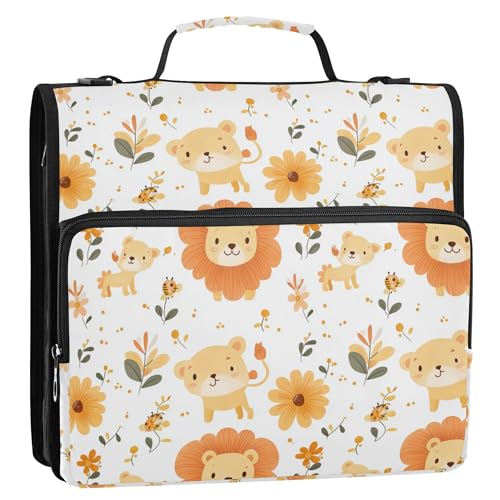3,8 cm Ringordner mit Griff und abnehmbarem Schultergurt, mehrere Taschen, Dokumentenmappe, Organizer für Schule/Büro, niedlicher Löwe, Weiß von Caihoyu