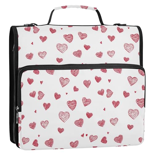 3,8 cm großer Ordner mit 3 Ringen, Reißverschluss mit Griff und abnehmbarem Schultergurt, mehrere Taschen, Dokumentenmappe, Organizer für Büro, Schule, Valentinstag, Liebesherzen von Caihoyu
