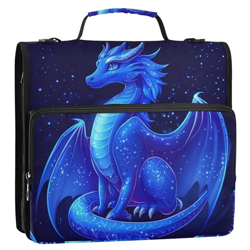 3,8 cm großer Organizer mit 3 Ringen und Griff, mehrere Taschen, Dokumentenmappen, Aufbewahrungstasche für Schule und Büro, Cartoon-Drache, Königsblau von Caihoyu