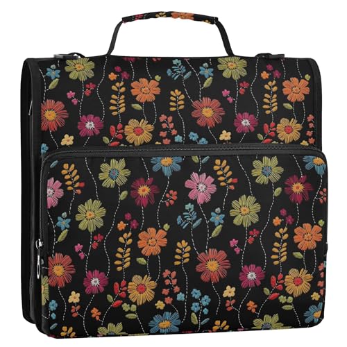 3,8 cm großer Organizer mit 3 Ringen und Schultergurt und Griff, Dokumenten-Organizer-Tasche für Mittelschule, Stickerei, schöne bunte Blumen von Caihoyu