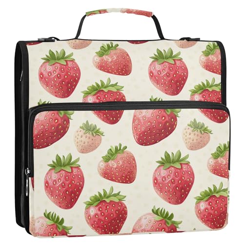 3,8 cm großes 3-Ring-Reißverschlussbuch mit Schultergurt, inklusive Reißverschlusstasche, Dokumentenmappe, Organizer für Schule/Büro, sommerliche frische Erdbeeren von Caihoyu
