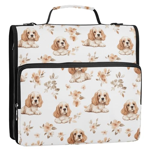 3,8 cm großes Reißverschlussbuch mit 3 Ringen und Griff, inklusive Reißverschlusstasche, Dokumentenmappe, Organizer für Schule, Cartoon, niedliche Cockerspaniel-Hunde, Weiß von Caihoyu