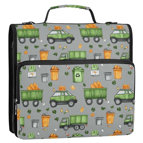 3 Ringe, 3,8 cm, Reißverschluss-Mappe mit Schultergurt, mehrere Taschen, Dokumentenmappe, Organizer für Mittelschüler, Müllwagen, Straßenreinigung, LKW, Mülleimer von Caihoyu