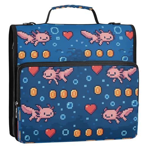3 Ringe, 3,8 cm, stabiler Reißverschluss, mit Schultergurt und Griff, mehrere Taschen, Dokumentenmappe, Organizer für Schule und Büro, Retro-Pixel, Axolotls – 8-Bit-Nostalgie von Caihoyu