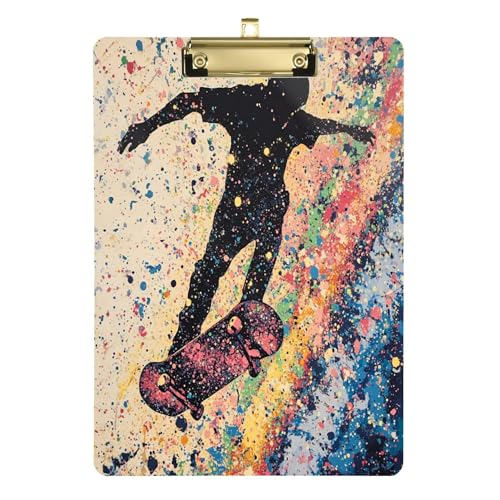 Acryl-Klemmbrett, dekoratives Klemmbrett, flaches Profil, niedliches Kunststoff-Klemmbrett, A4, für Krankenschwestern, Studenten, Büro, goldfarbener Clip, 30,5 x 22,9 cm, Skateboard von Caihoyu