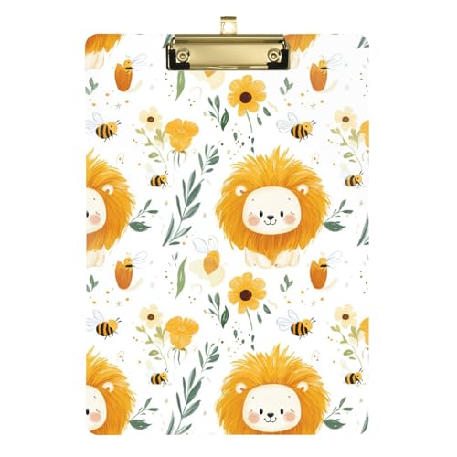 Acryl-Klemmbrett, lustig, cool, dekorative Klemmbretter mit Metallclip, niedliche Kunststoff-Klemmbretter, A4, für Büro, Schule, Klassenzimmer, goldfarbener Clip, 30,5 x 22,9 cm, niedlicher Löwe, Weiß von Caihoyu