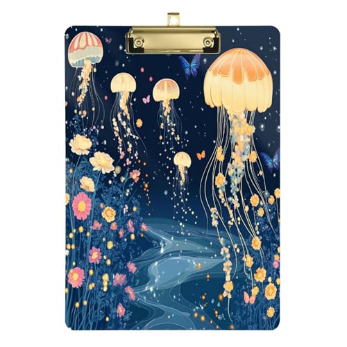 Acryl-Klemmbrett, niedlich, modisch, dekorativ, mit Metallclip, Standard-A4-Größe, Klemmbretter für Büro, Schule, Klassenzimmer, Krankenschwester, goldfarbener Clip, 30,5 x 22,9 cm, Cartoon-Quallen von Caihoyu