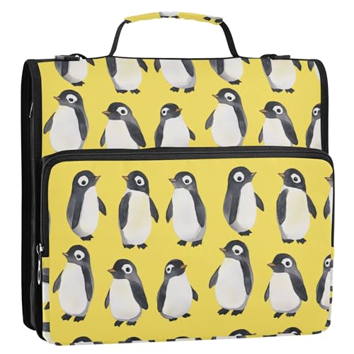 Bindertasche mit 3 Ringen, 3,8 cm, Reißverschluss, mit Schultergurt, leicht zu transportieren, Dokumentenmappe, Organizer für Schule und Büro, niedlicher Pinguin, Gelb von Caihoyu