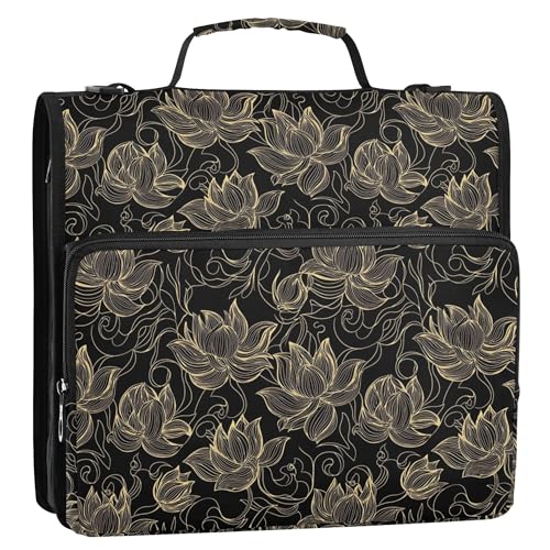 Bindertasche mit 3 Ringen mit Reißverschluss und Schultergurt und Griff, inklusive Reißverschlusstasche, Dokumentenmappe, Organizer für Büro, Schule, Goldblumen, Blumen von Caihoyu
