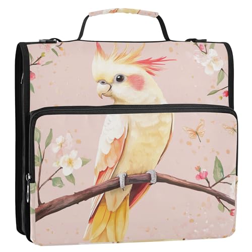 Bindertasche mit 3 Ringen und Reißverschluss, Griff und abnehmbarem Schultergurt, mehrere Taschen, Dokumentenmappe, Organizer für Mittelschüler, Cartoon-Nymphensittiche von Caihoyu