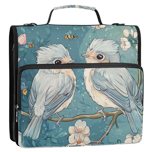 Büroordner mit 3 Ringen, 3,8 cm, mit Griff und abnehmbarem Schultergurt, mehrere Taschen, Dokumentenmappe, Organizer für Mittelschule, niedliche getuftete Meisen, Vögel, Fluss von Caihoyu