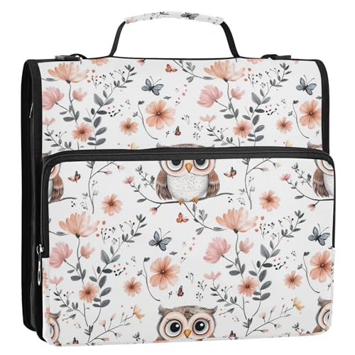 Büroordner mit 3 Ringen, 3,8 cm, mit Schultergurt und Griff, mehrere Taschen, Dokumentenmappe, Organizer für Mittelschüler, Cartoon, süße Eule, Weiß von Caihoyu