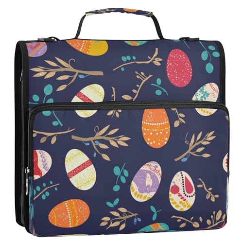 Büroordner mit 3 Ringen, Organizer mit Riemen, mehrere Taschen, Dokumentenmappe, Organizer für Büro, Schule, bunte Ostereier und Weidenzweige von Caihoyu