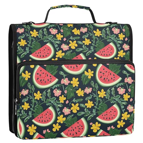 Büroordner mit 3 Ringen, mit Riemen, inklusive Reißverschlusstasche, Dokumentenmappe, Organizer für Schule/Büro, Wassermelonenscheiben, Blätter, Blumen von Caihoyu