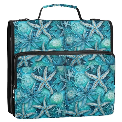 Büroordner mit 3 Ringen und Schultergurt und Griff, mehrere Taschen, Dokumentenmappen, Aufbewahrungstasche, geeignet für Mittelschule, U-Boot, Koralle, Seestern, Blau von Caihoyu