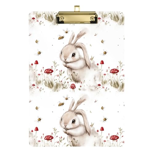 Dekoratives Klemmbrett mit Metallclip, A4, Briefgröße, Standard-Klemmbrett für Büro, Schule, Klassenzimmer, Krankenschwester, silberfarbener Clip, 30,5 x 22,9 cm, Cartoon-Zwergkaninchen, Weiß von Caihoyu