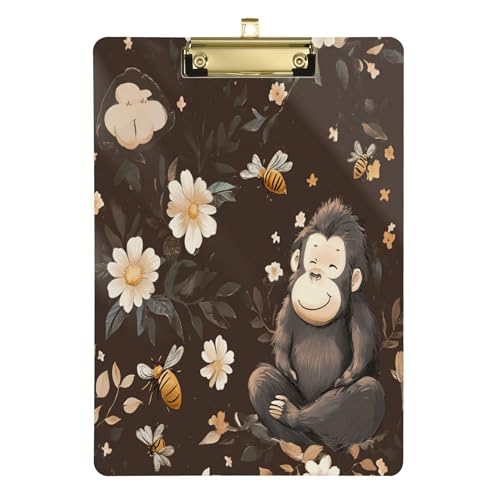 Dekoratives Klemmbrett mit Metallclip, Aktenordner, Papier-Schreibblock für Büro, Schule, Klassenzimmer, goldfarbener Clip, 30,5 x 22,9 cm, niedliches Gorilla-Braun von Caihoyu