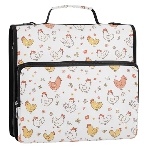 Dokumentenmappe mit 3 Ringen, 3 Ringe, Reißverschluss, mit Riemen, mehrere Taschen, Dokumentenmappe, Organizer für Mittelschule, Cartoon, niedliches Huhn, Weiß von Caihoyu