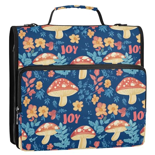 Dokumententasche mit 3 Ringen und Reißverschluss, mit Griff, mehrere Taschen, Dokumentenmappe, Organizer für Mittelschule, ästhetisch, Pilzblau von Caihoyu