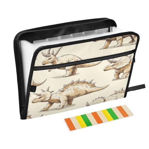 Fächermappe mit 13 Fächern, A4, Briefgröße, Dokumente, Quittungen, Organizer mit Reißverschluss, Klassenzimmer, Zuhause, Büro, Reisen, lustiger Dinosaurier, Triceratops, Beige von Caihoyu
