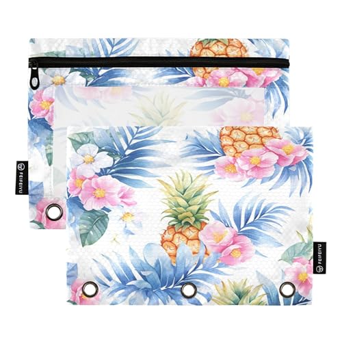 Federmäppchen für 3 Ringe, Ringbuch, Federmäppchen mit transparentem Fenster, Reißverschluss, Kosmetiktasche, Schule, Klasse, Büro, Organizer, geschnittene Ananas und Blumen, Aquarell, 2 Stück Federmäppchen für 3 Ringe, Ringbuch, Federmäppchen mit transparentem Fenster, Reißverschluss, Kosmetiktasche, Schule, Klasse, Büro, Organizer, geschnittene Ananas und Blumen, Aquarell, 2 Stück von Caihoyu