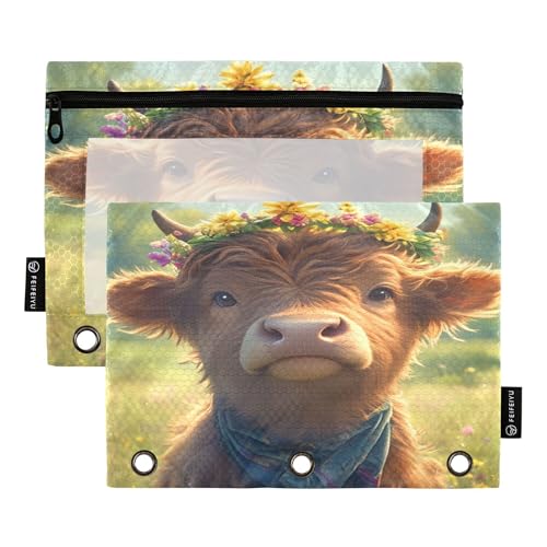 Federmäppchen für 3 Ringe, Ringbuch, Federmäppchen mit transparentem Fenster, Stifttasche mit Reißverschluss, Großpackung, Schule, Klasse, Büro, Organizer, Hochlandkalb mit Blumenkrone, 2 Stück Federmäppchen für 3 Ringe, Ringbuch, Federmäppchen mit transparentem Fenster, Stifttasche mit Reißverschluss, Großpackung, Schule, Klasse, Büro, Organizer, Hochlandkalb mit Blumenkrone, 2 Stück von Caihoyu