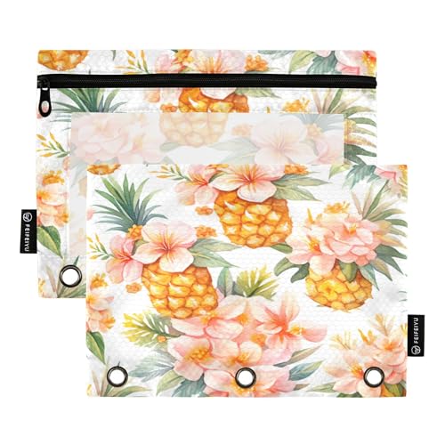 Federmäppchen für 3 Ringe, Stiftehalter mit transparentem Fenster, Reißverschluss, Kosmetik-Organizer, Zubehör, Ananas, nahtloses Muster mit geschnittenen Ananas und Blumen, 2 Stück Federmäppchen für 3 Ringe, Stiftehalter mit transparentem Fenster, Reißverschluss, Kosmetik-Organizer, Zubehör, Ananas, nahtloses Muster mit geschnittenen Ananas und Blumen, 2 Stück von Caihoyu