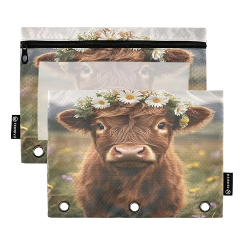 Federmäppchen für 3 Ringe, durchsichtiges Fenster, Federmäppchen mit Reißverschluss, Großpackung für Schule, Büro, Klasse A, Hochlandkalb mit Blumenkrone in einem Grasfeld, niedlich, 2 Stück Federmäppchen für 3 Ringe, durchsichtiges Fenster, Federmäppchen mit Reißverschluss, Großpackung für Schule, Büro, Klasse A, Hochlandkalb mit Blumenkrone in einem Grasfeld, niedlich, 2 Stück von Caihoyu