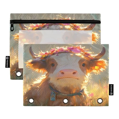 Federmäppchen für 3 Ringe, transparentes Fenster, Federmäppchen, Reißverschluss, Stifttasche für Kinder, Zuhause, Reisen, Aufbewahrungsbehälter, ein Hochlandkalb mit einer Blumenkrone auf einem Federmäppchen für 3 Ringe, transparentes Fenster, Federmäppchen, Reißverschluss, Stifttasche für Kinder, Zuhause, Reisen, Aufbewahrungsbehälter, ein Hochlandkalb mit einer Blumenkrone auf einem von Caihoyu