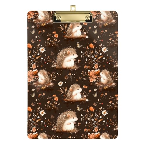 Klemmbrett, niedliches modisches Klemmbrett, dekorativ mit Metallclip, A4, Briefgröße, Standard-Klemmbrett für Bürobedarf, Heimgebrauch, silberfarbener Clip, 30,5 x 22,9 cm, niedlicher Igel, Braun von Caihoyu