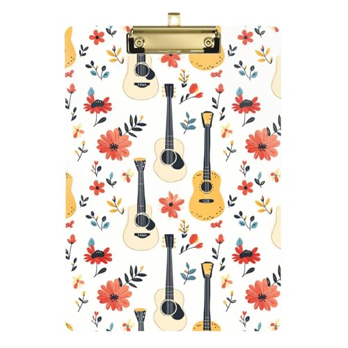 Kunststoff-Klemmbretter, dekoratives Klemmbrett mit Metallclip, Aktenordner, Papier-Schreibblock für Büro, Schule, Klassenzimmer, goldfarbener Clip, 30,5 x 22,9 cm, Gitarren und Blumen, Weiß von Caihoyu