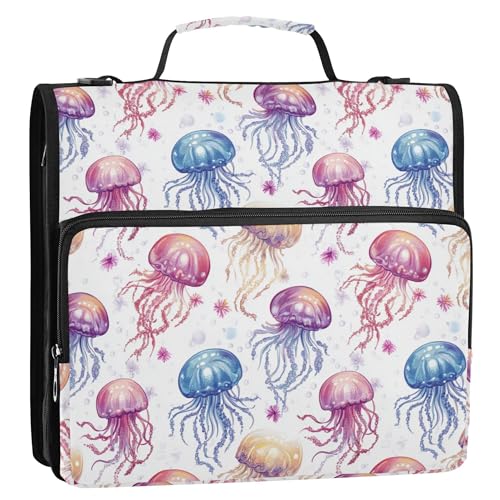 Ordner-Organizer mit 3 Ringen, 3,8 cm, mit Griff, inklusive Reißverschlusstasche, Dokumentenmappe, Organizer für Mittelschüler, niedliche Quallen, Weiß von Caihoyu