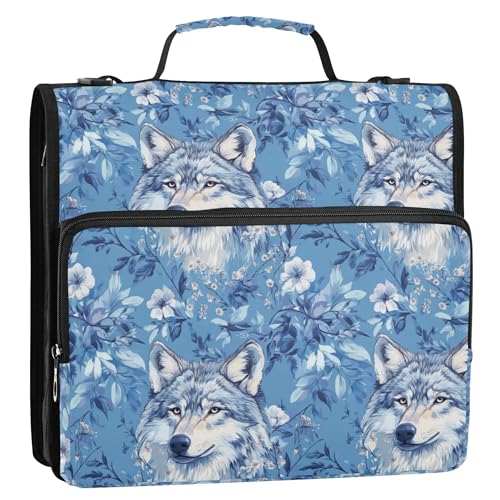 Ordner-Organizer mit 3 Ringen und Schultergurt, mehrere Taschen, Dokumentenmappe, Organizer für Mittelschüler, Cartoon, niedlicher Wolf, Blau von Caihoyu