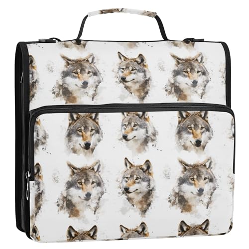 Ordner mit 3 Ringen, 3,8 cm, Reißverschluss, mit Schultergurt und Griff, mehrere Taschen, Dokumentenmappe, Organizer für Büro, Schule, schicker Wolf, Weiß von Caihoyu