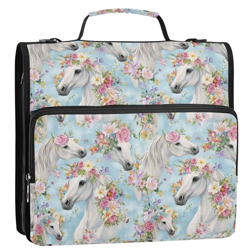 Ordner mit 3 Ringen, 3,8 cm, Reißverschluss mit Riemen, mehrere Taschen, Dokumentenmappe, Organizer für Mittelschule, Blumen, Pferde von Caihoyu