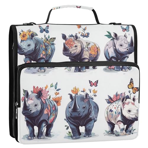 Ordner mit 3 Ringen, 3,8 cm, mit Reißverschluss, mit Griff, inklusive Reißverschlusstasche, Dokumentenmappe, Organizer für Schule/Büro, Cartoon-Nashorn, Weiß von Caihoyu