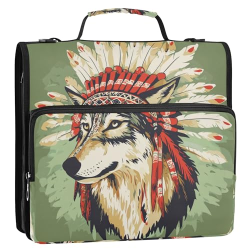 Ordner mit 3 Ringen, Reißverschluss, mit Griff, mehrere Taschen, Dokumentenmappe, Organizer für Schule, Western-, Cowboy-, indischer Kopfschmuck, Stammeswolf von Caihoyu