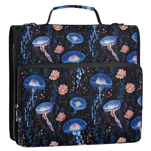 Ordner mit 3 Ringen und Reißverschluss, 3,8 cm, mit Griff und abnehmbarem Schultergurt, mehrere Taschen, Dokumentenmappe, Organizer für Schule und Büro, Beauty-Quallen, Schwarz von Caihoyu