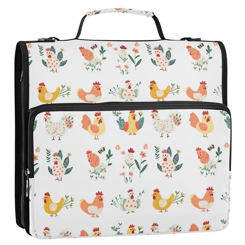 Organizer mit 3 Ringen, 3,8 cm, Organizer mit Griff, mehrere Taschen, Dokumentenmappen, Aufbewahrungstasche für Mittelschüler, Cartoon, süßes Haustier, Huhn, Weiß von Caihoyu