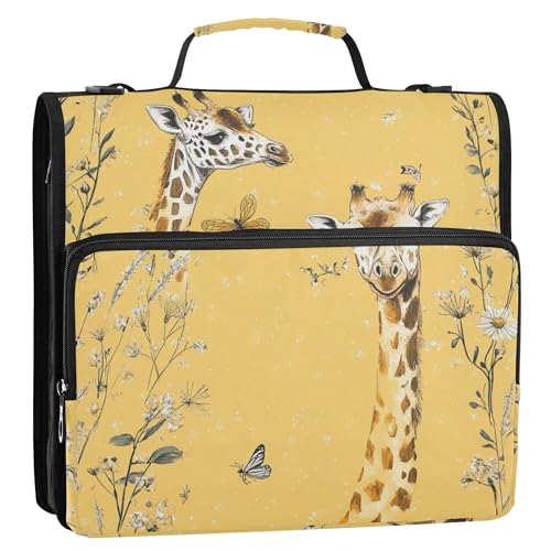 Organizer mit 3 Ringen, 3,8 cm, mit Griff und abnehmbarem Schultergurt, mehrere Fächer, Dokumentenmappen, Aufbewahrungstasche für Mittelschüler, Kunst, Giraffe, Gelb von Caihoyu